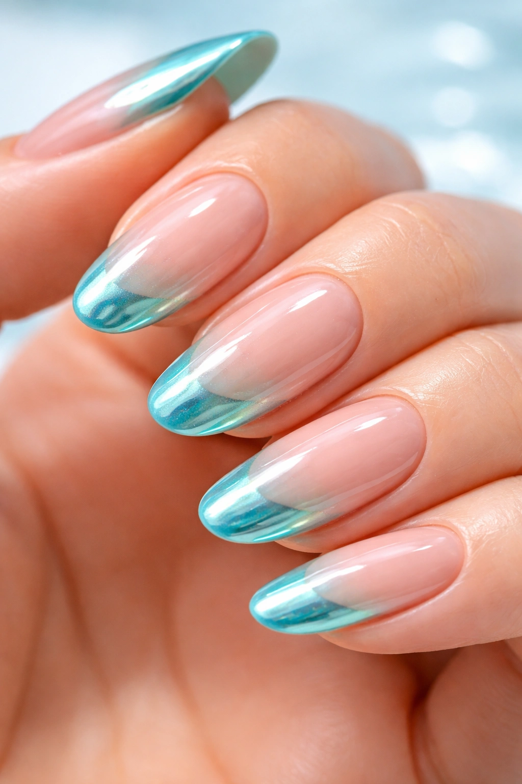 Aqua chrome French nails with minty turquoise tips