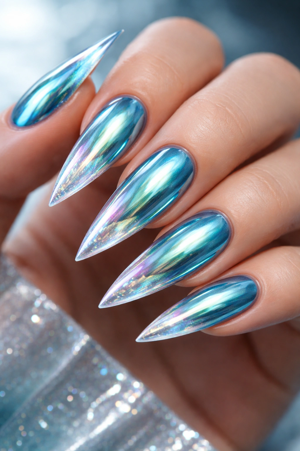 Close-up of aqua chrome nails with iridescent tips