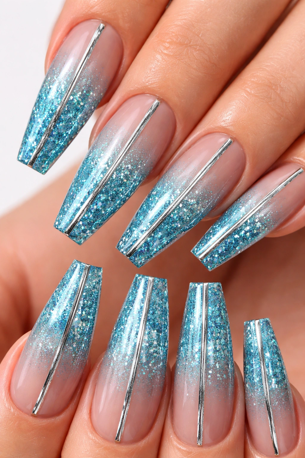 Close-up of an aqua blue glitter coffin nail with a central metallic line on a pale background.
