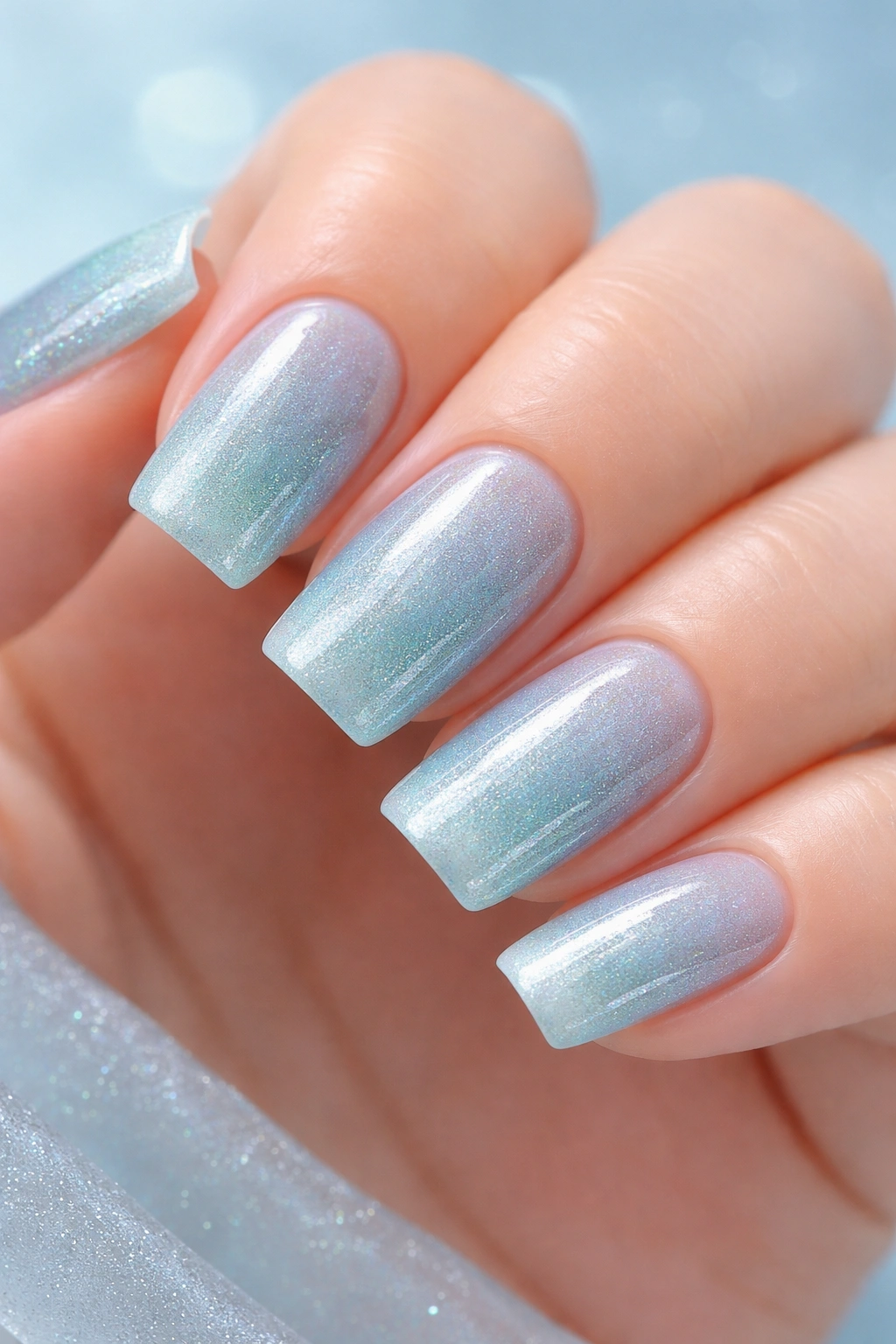 Aquamarine gradient nails with shimmering blue-green tones