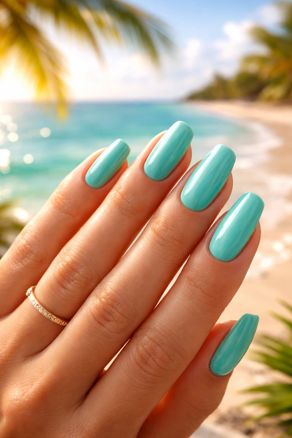 Close-up of aquamarine nails on sun-kissed skin with turquoise ocean backdrop.