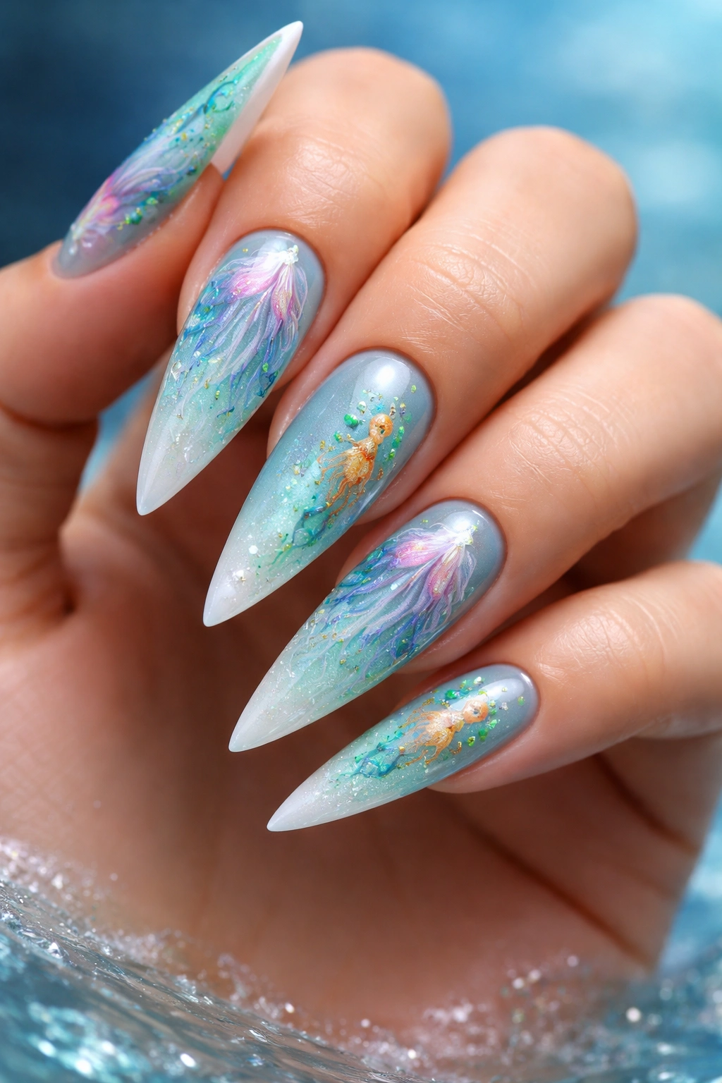 Stiletto nails in turquoise-to-white ombre with hand-painted sea creatures.