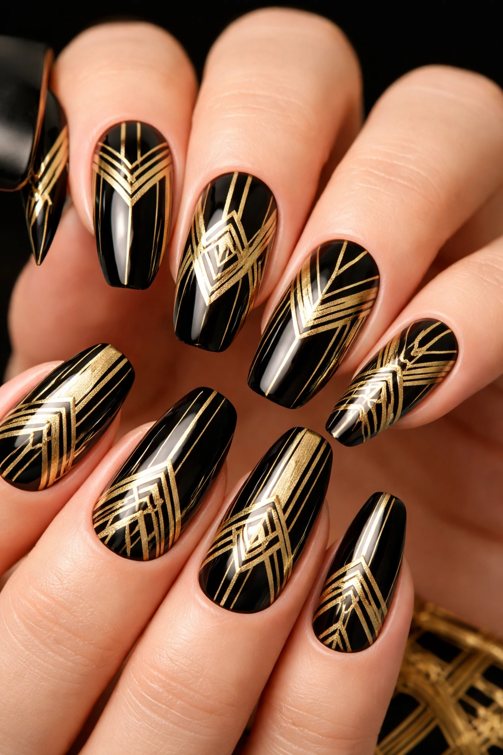Close-up of nails with Art Deco geometric patterns in black and gold