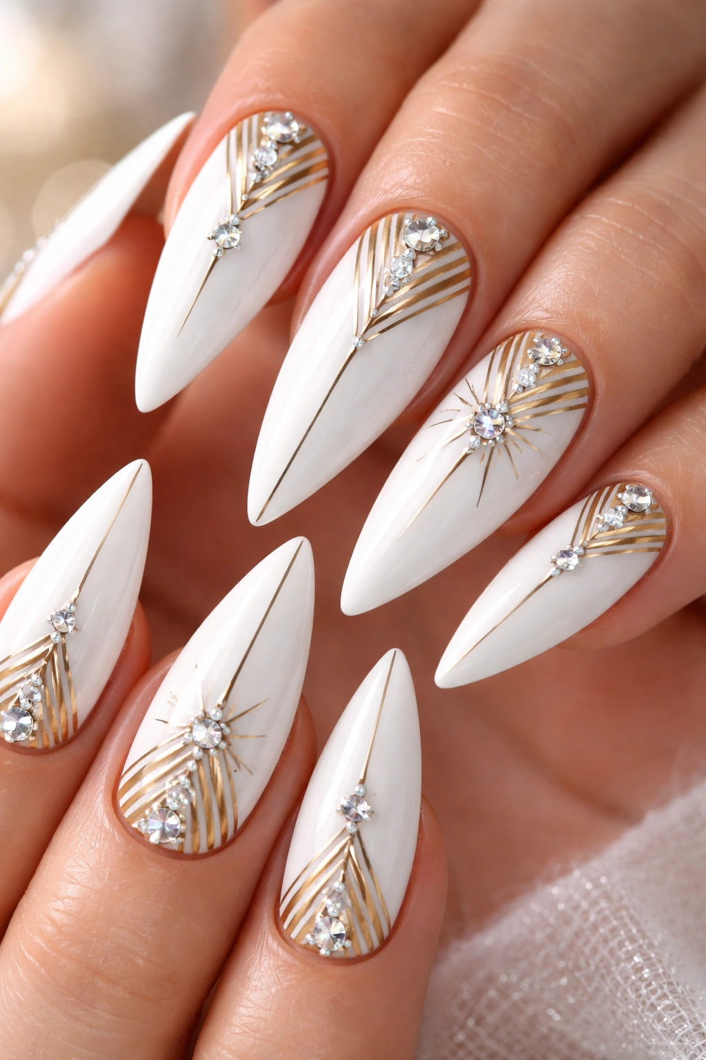 Geometric Art Deco white nails with rhinestone accents