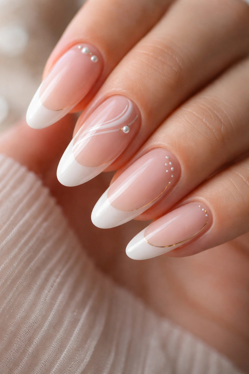 Nails displaying a variety of subtle art details on long oval tips