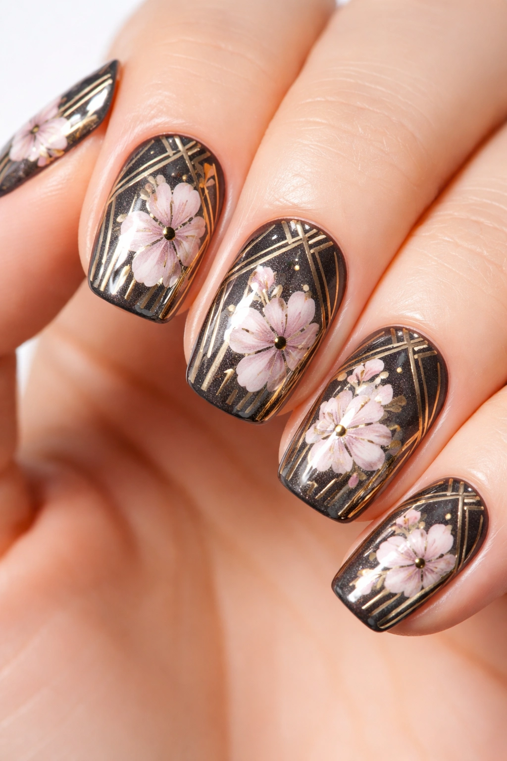 Close-up of short squoval nails with Art Deco geometric and floral design