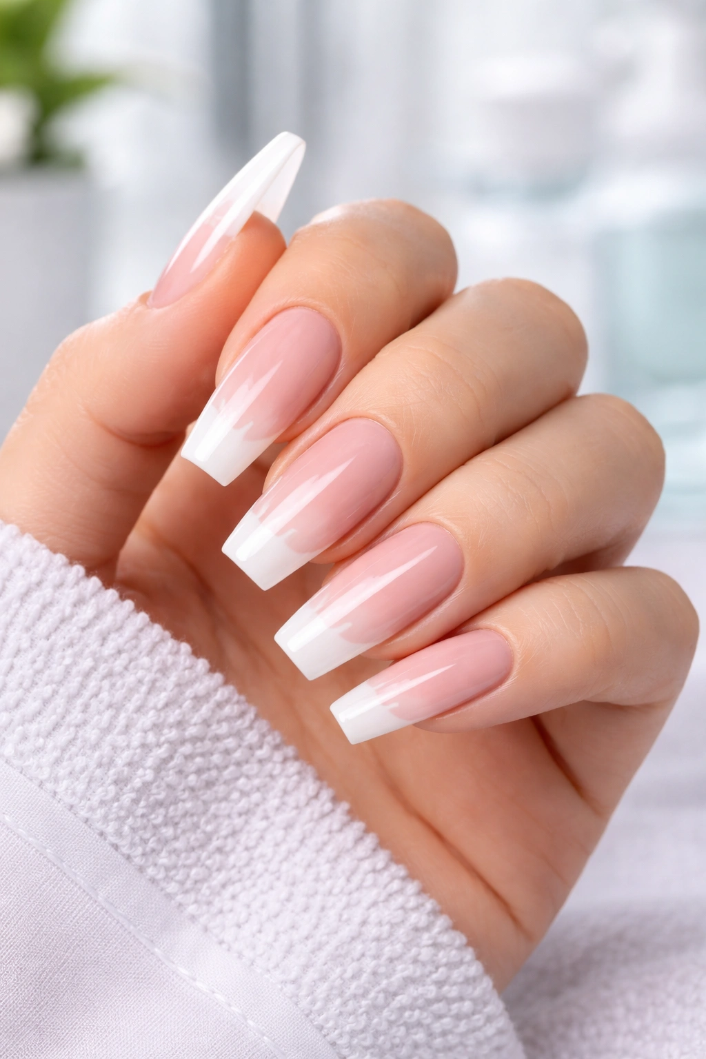 Hand with artificial and gel nails in close-up