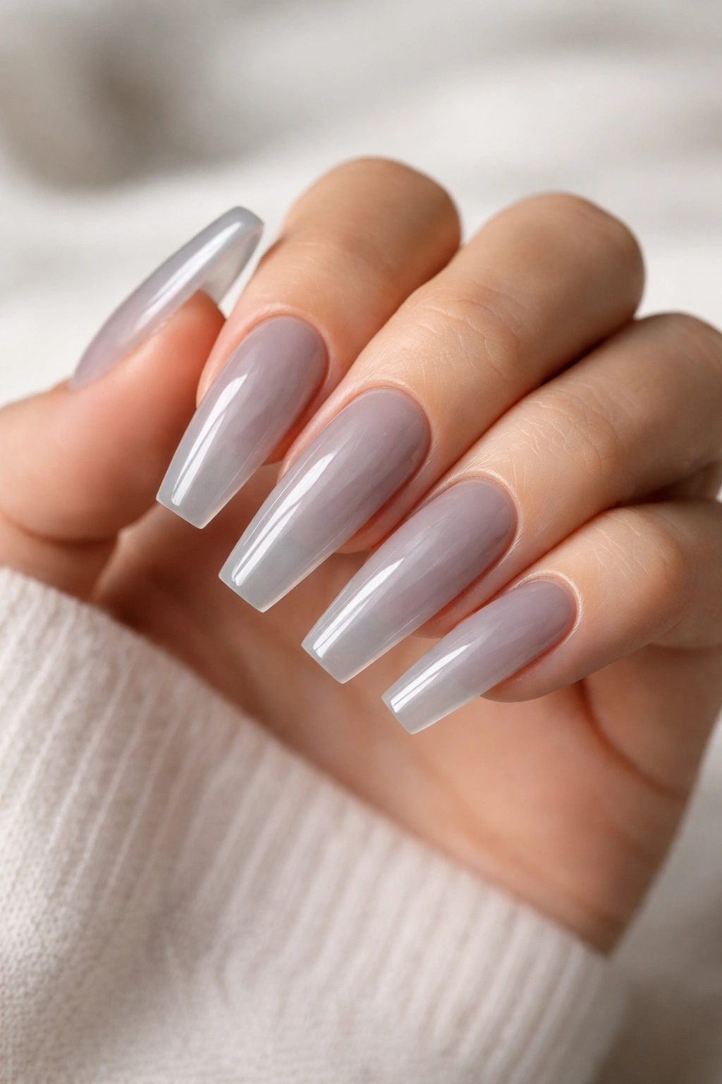 Translucent ash grey jelly nails on long ballerina nails with glassy finish