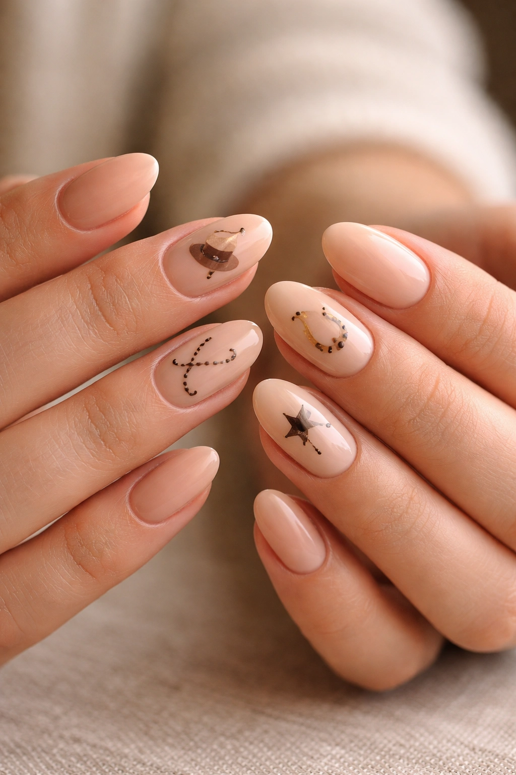 Close-up of short almond nails with warm nude base and subtle western motifs