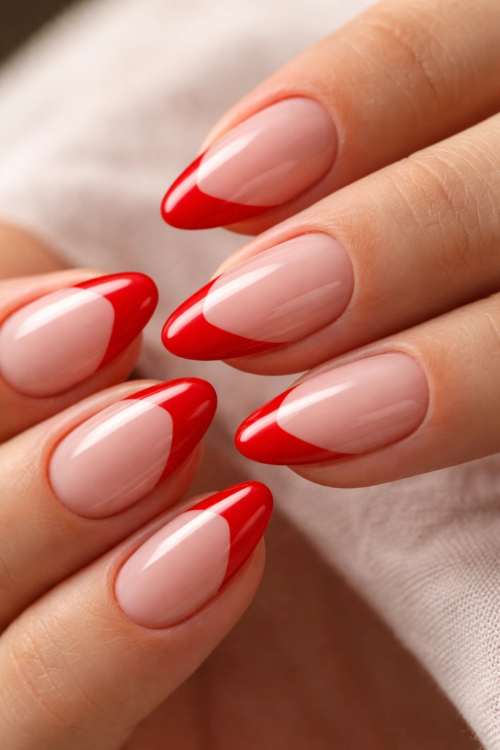 Close-up of short almond nails with asymmetrical fire engine red tips