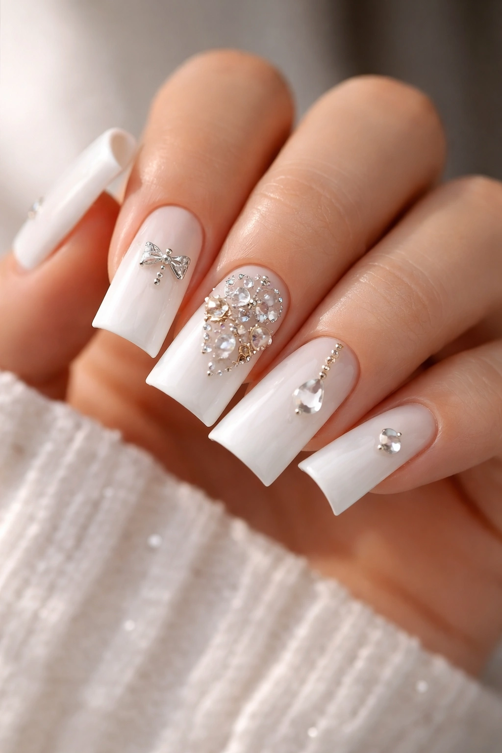 Close-up of white duck nails with asymmetrical charm placements on a hand