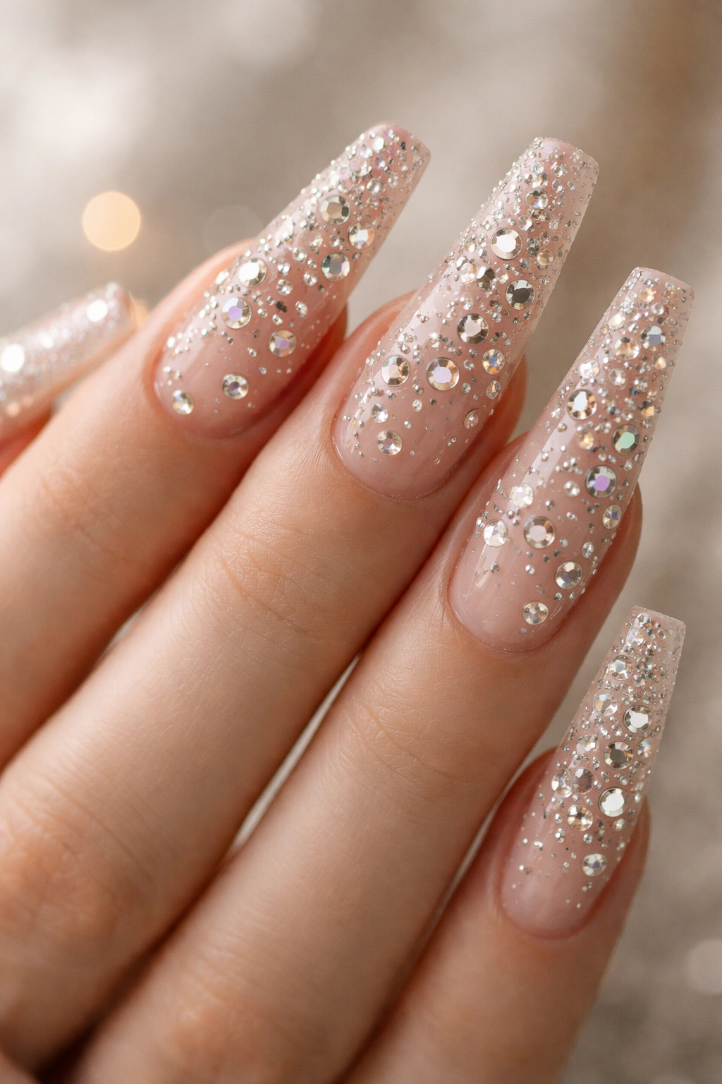 Coffin nails with irregularly scattered rhinestones across the surface