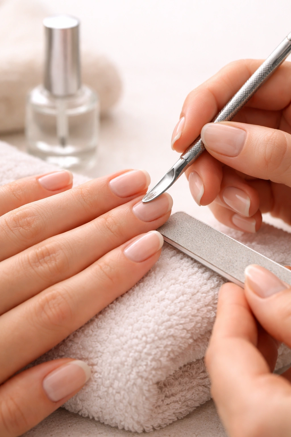 Hand with neatly prepped nails using manicure tools