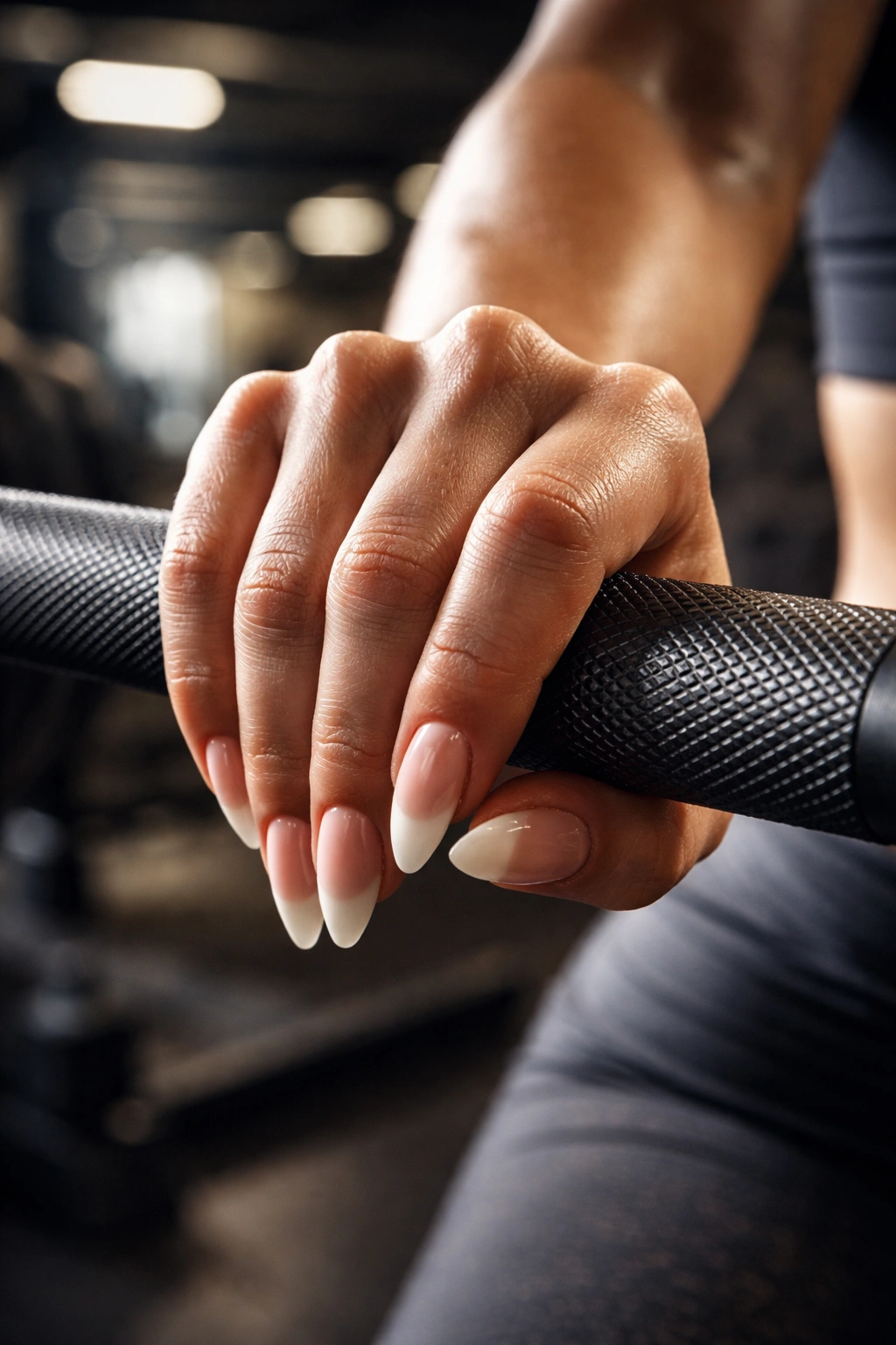 Hand with long nails gripping a textured bar in a gym setting