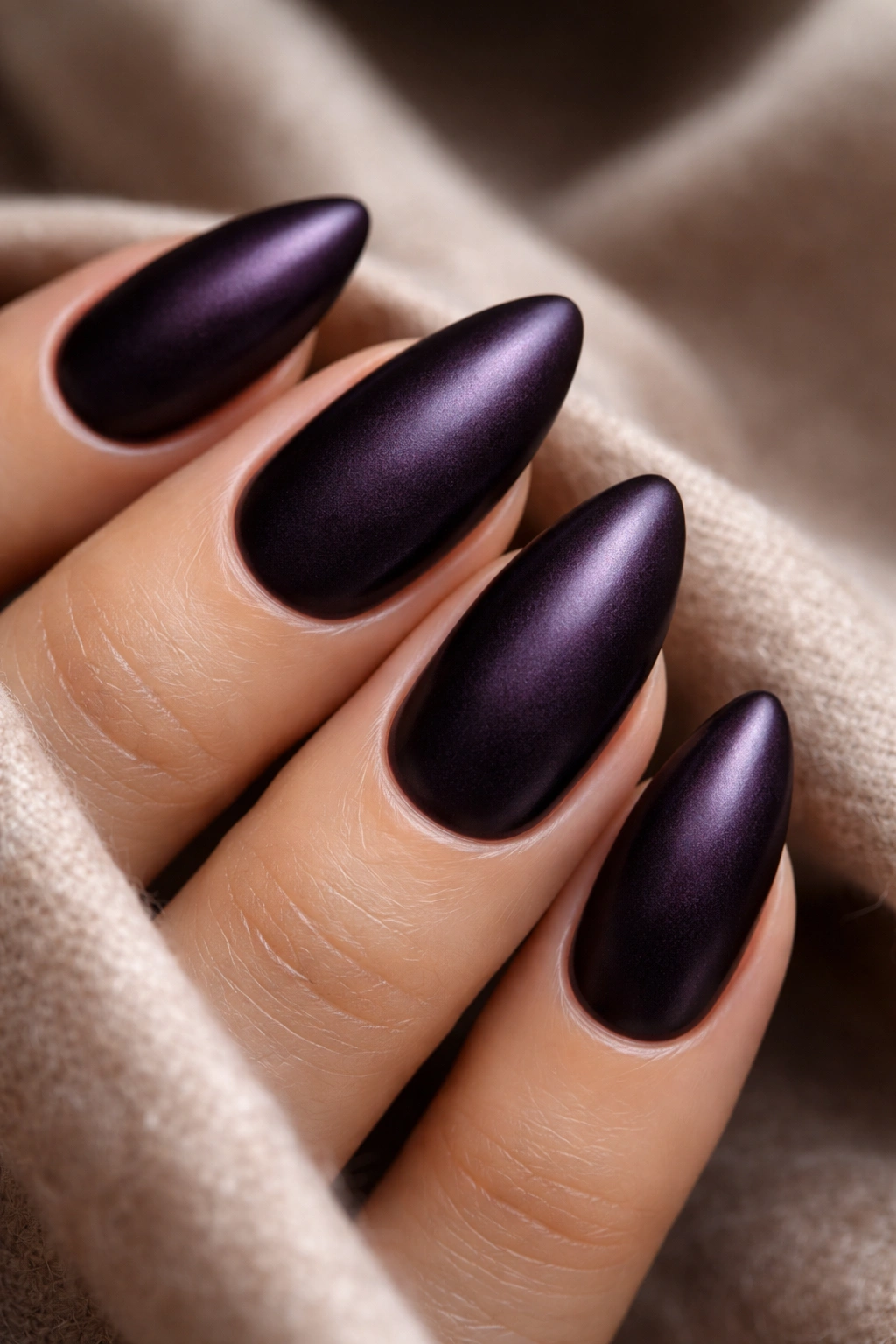Almond nails aubergine satin finish