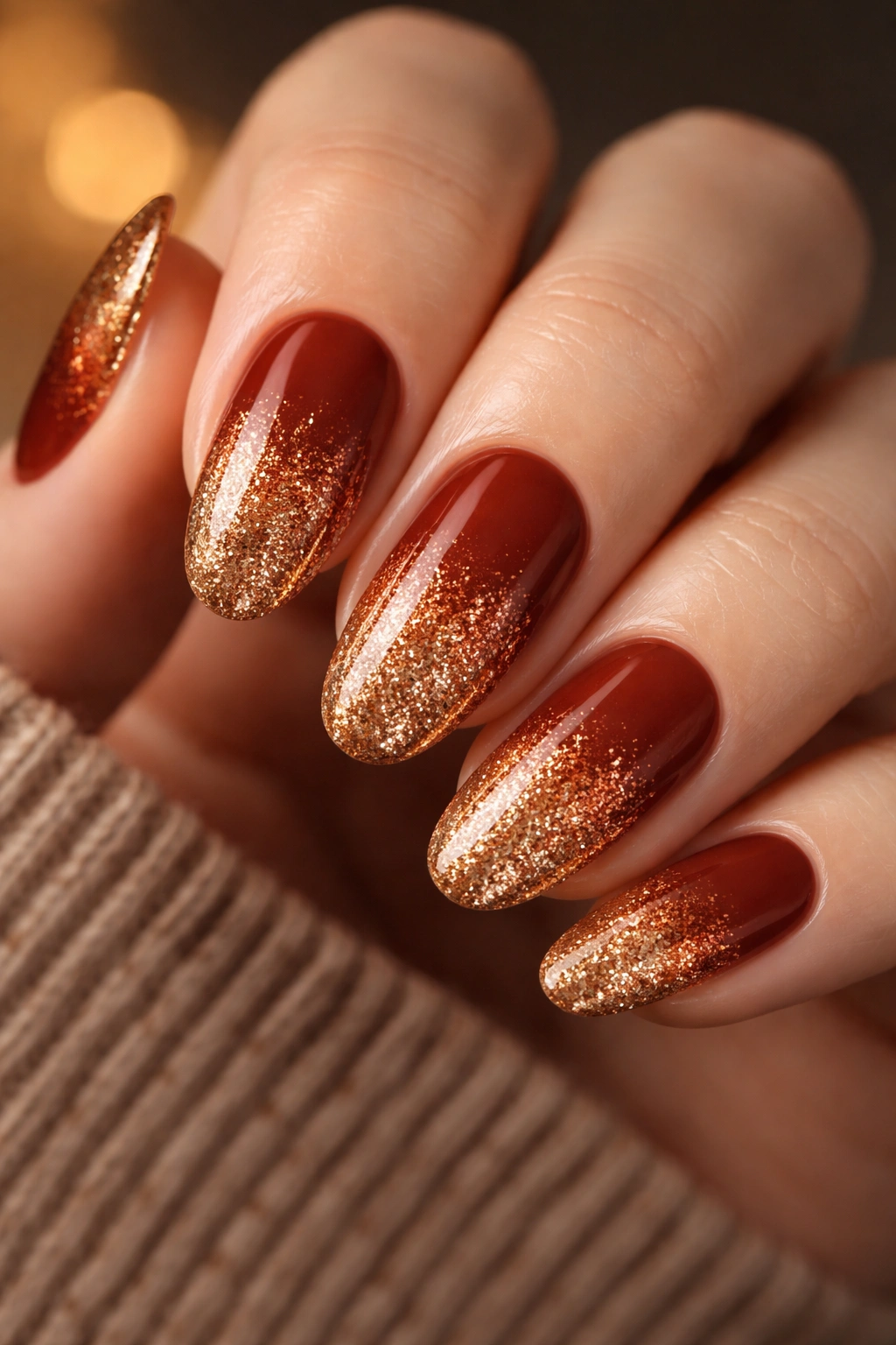 Close-up of auburn glitter gradient nails with copper-gold shimmer