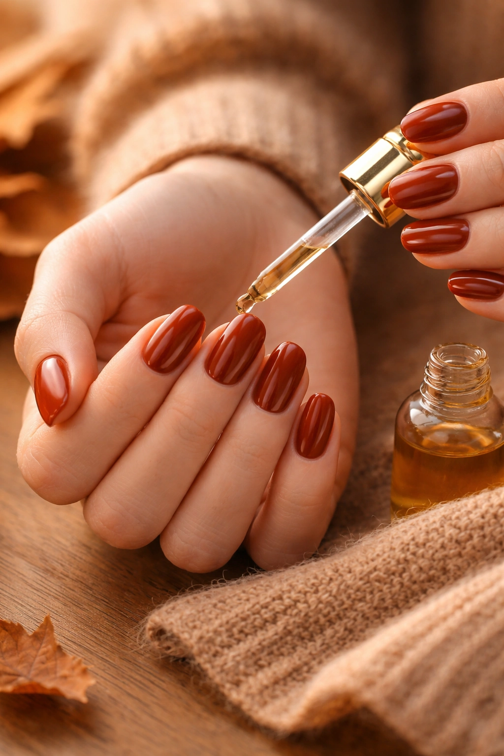 Hands applying cuticle oil to auburn nails