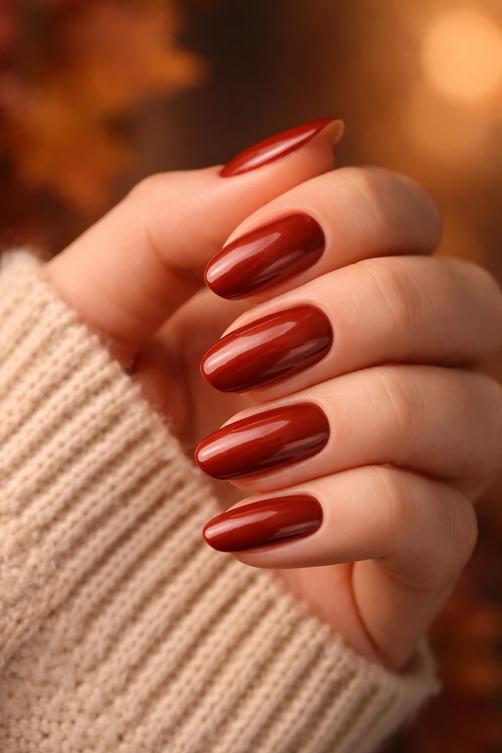 Close-up of auburn nails with a glossy fall shade on a neutral background
