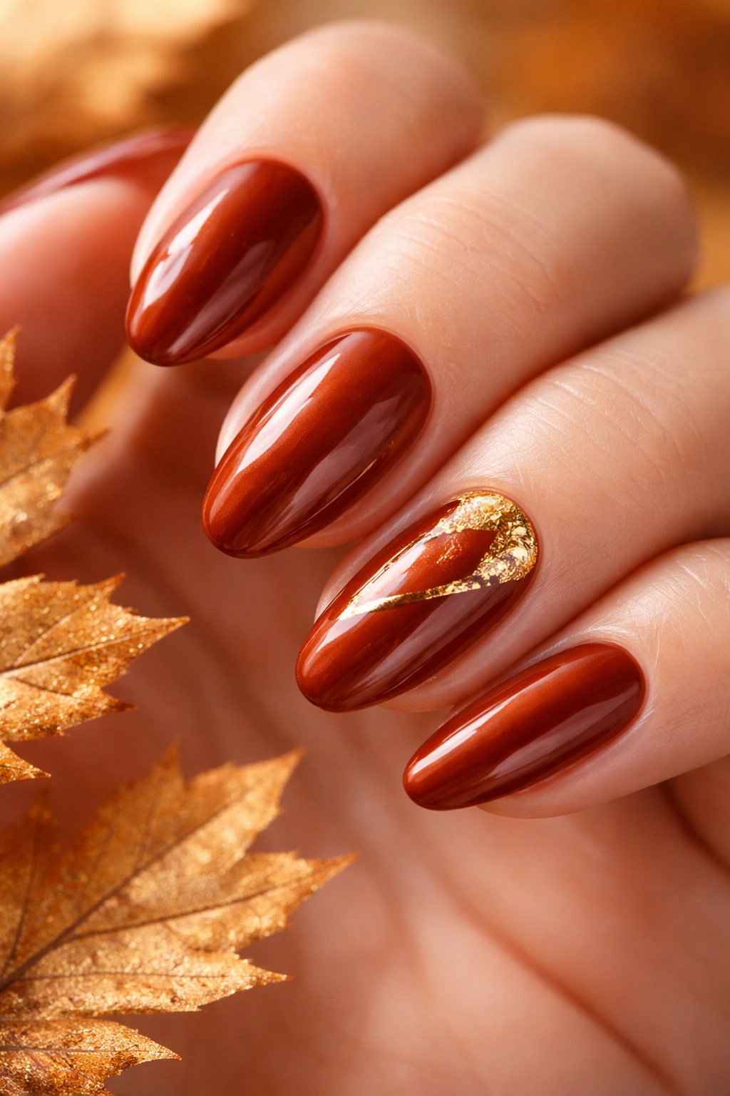 Auburn nails with gold foil accents
