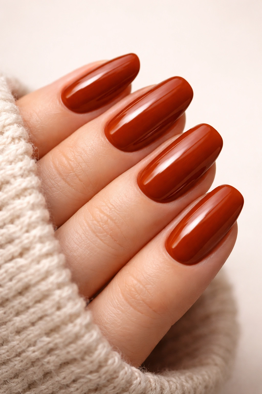 Close-up of solid auburn nails on a neutral backdrop