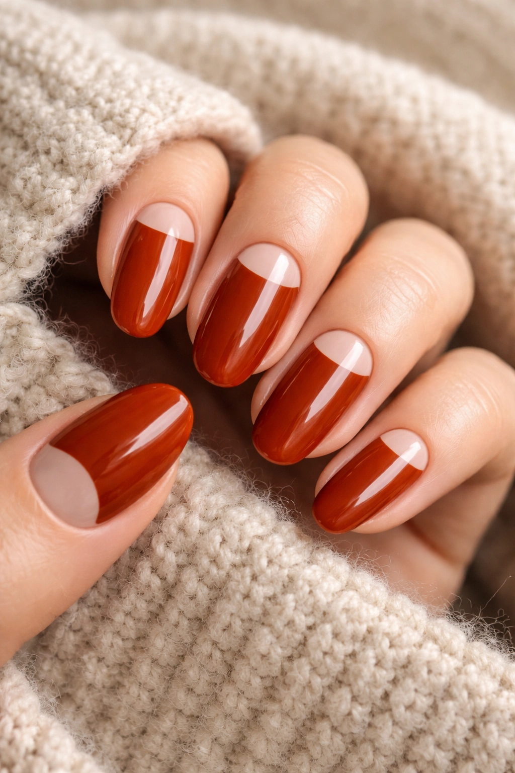 Auburn nails with nude half-moon negative space near cuticles