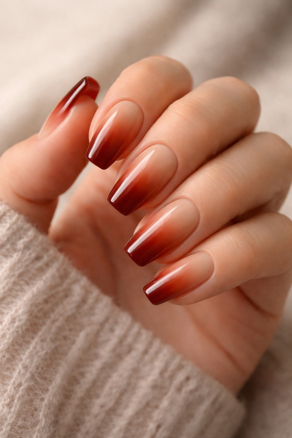 Nails with auburn ombré gradient from base to tip