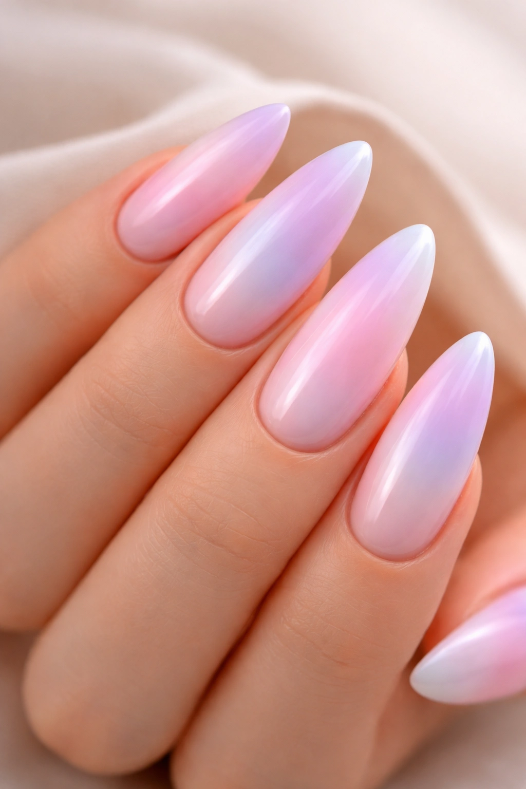 Aura almond nails with soft pastel gradient on almond-shaped nails, close-up