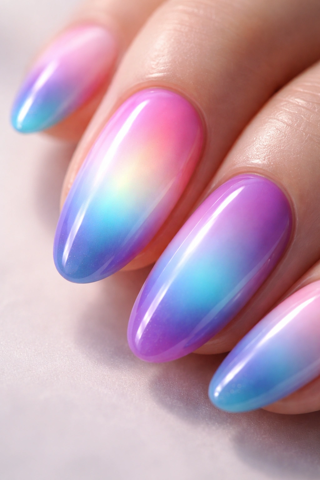 Macro of aura blooming gel nail with soft color gradient halo
