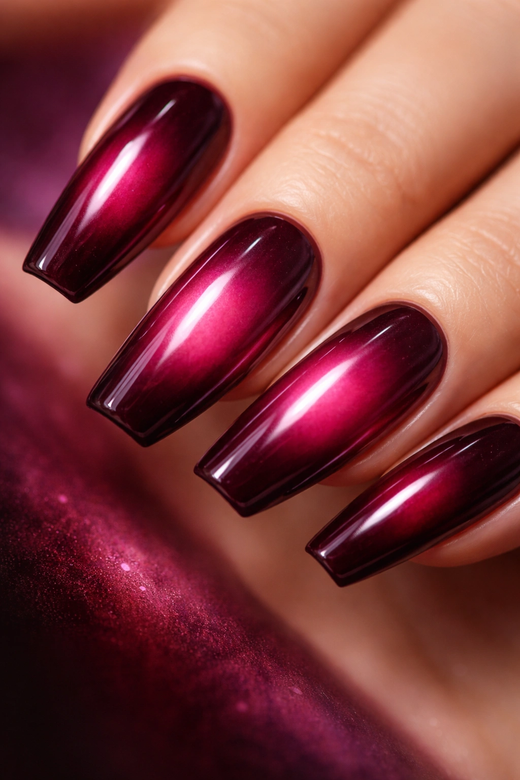 Nails with burgundy aura center glow in a manicure