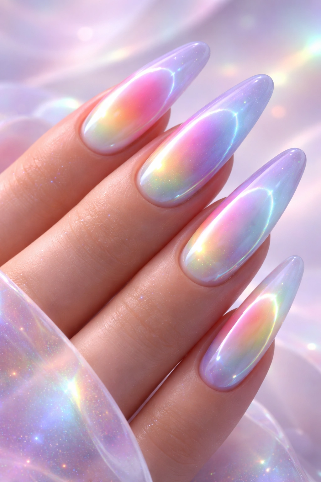 Nails with glowing aura gradients in pastel-neon colors