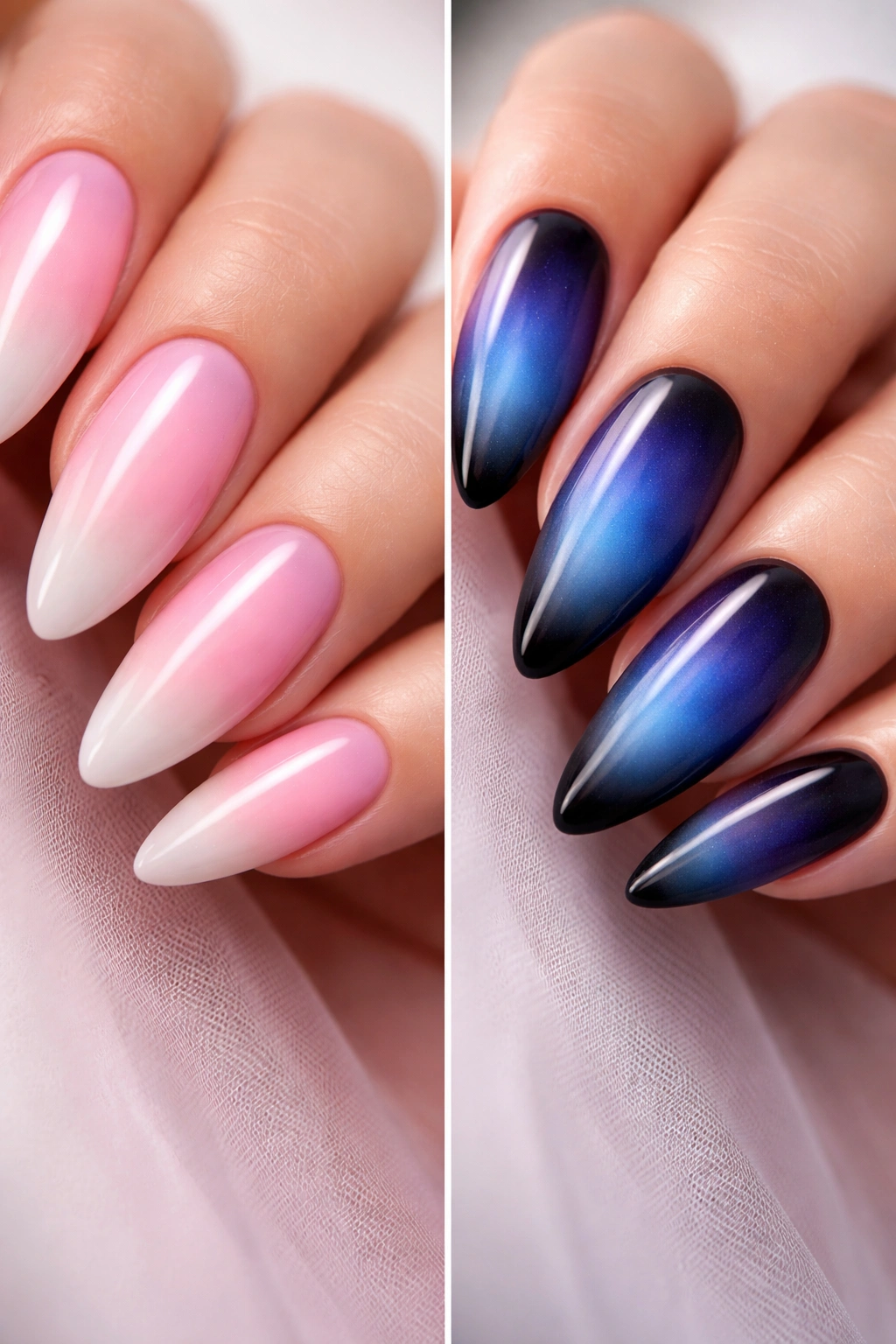 Almond nails with center color aura gradient fading to the edges