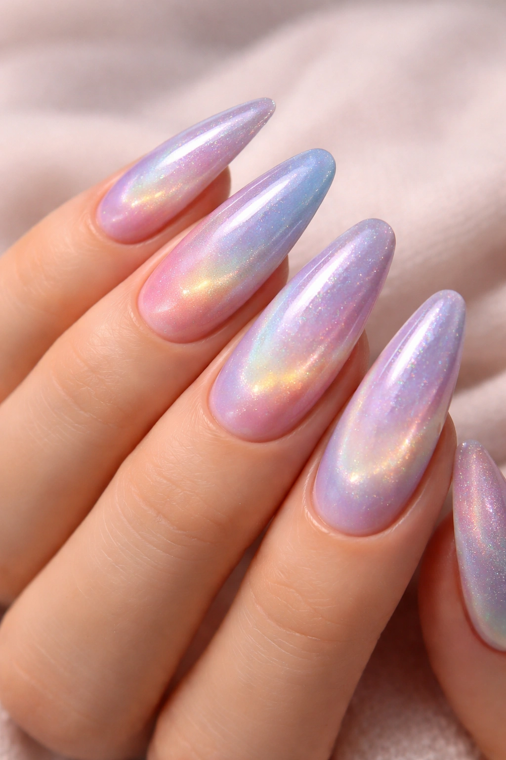 Close-up of aura gradient nails with soft, seamless color blend