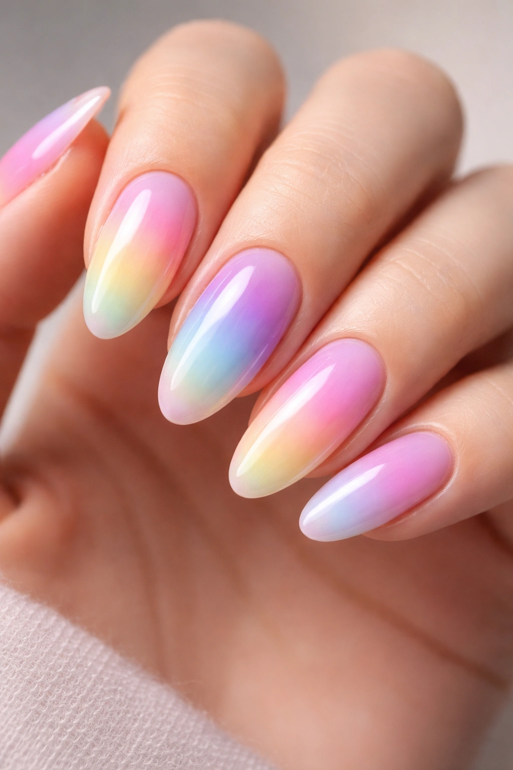Close-up of nails with aura gradient glow radiating from center