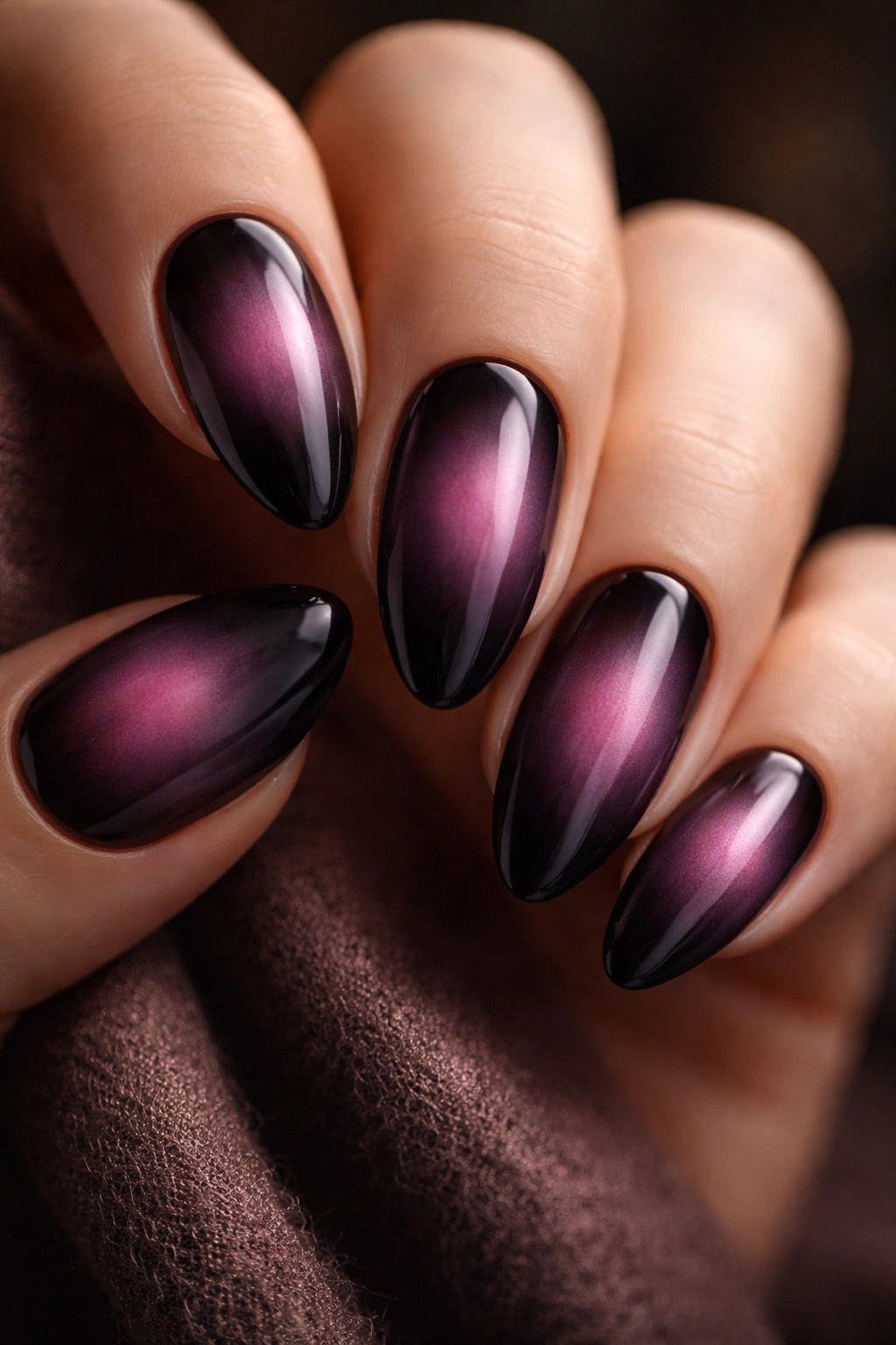 Close-up of fall aura nails with plum to black gradient, moody lighting