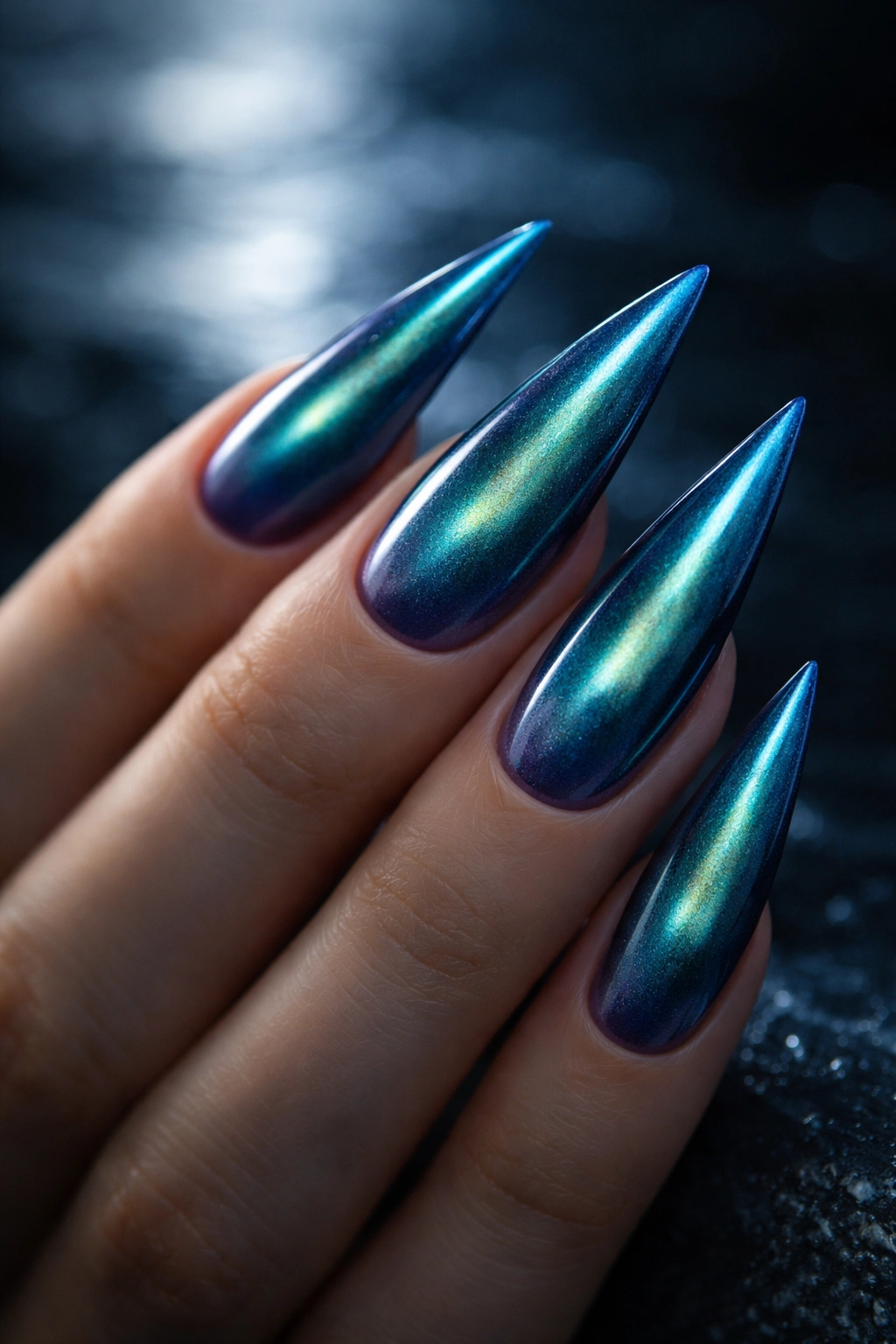 Close-up of stiletto nails with deep blue to teal aura and iridescent shimmer