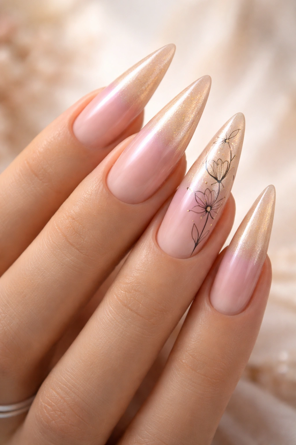 Close-up of nails with blush-to-gold aura and delicate floral line art