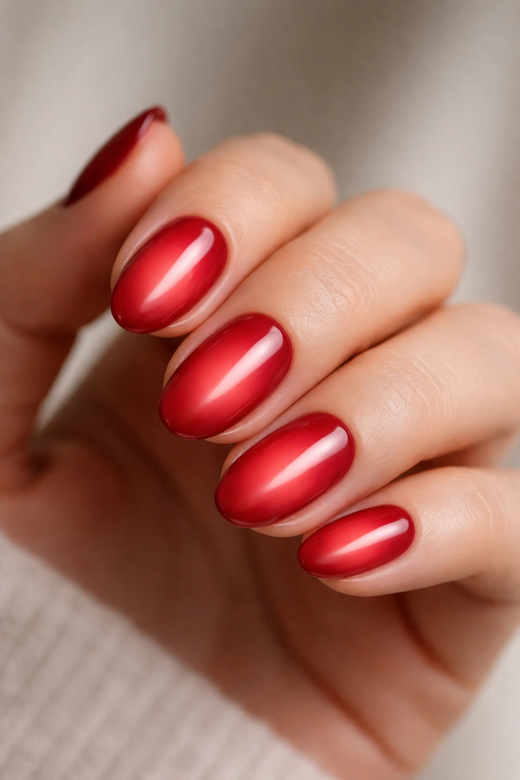 Short almond nails with cherry red aura glow centered and darker edges