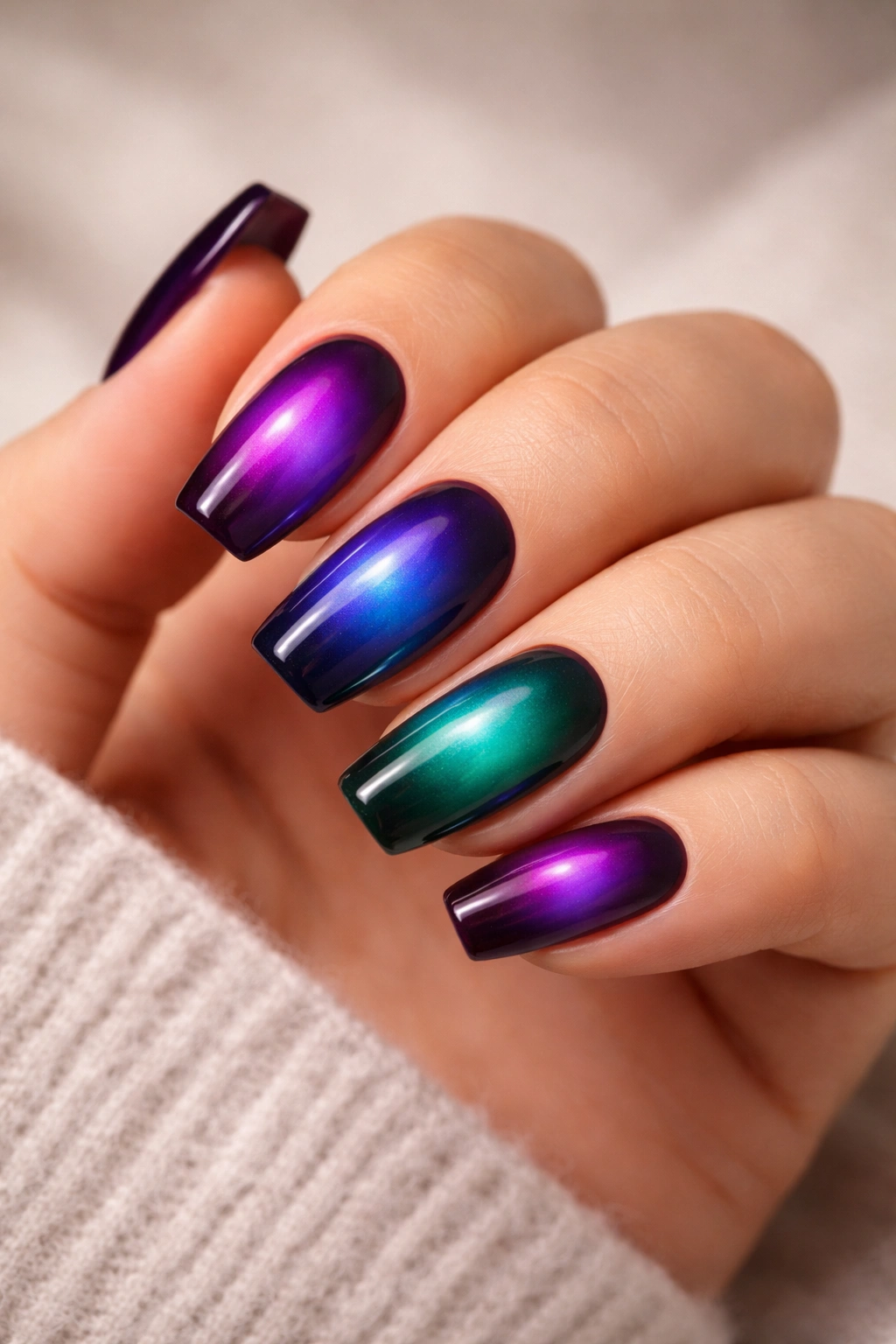 Close-up of coffin nails with aura effect in rich jewel tones and glowing center