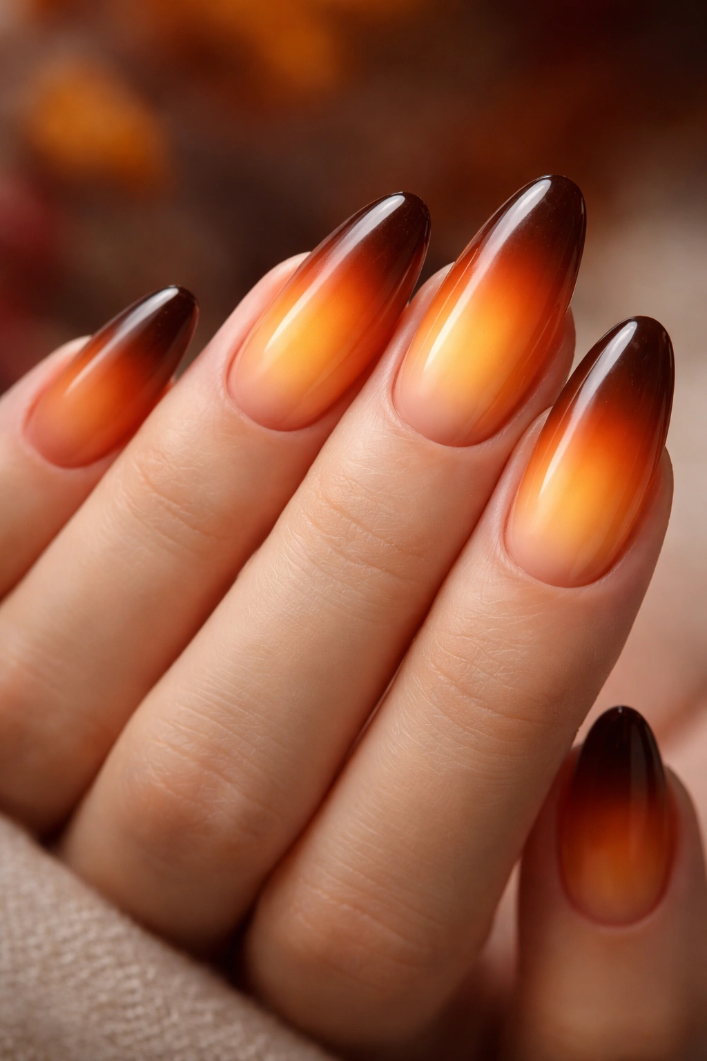 Close-up of aura nails with center-airbrushed glow in fall orange-to-brown tones