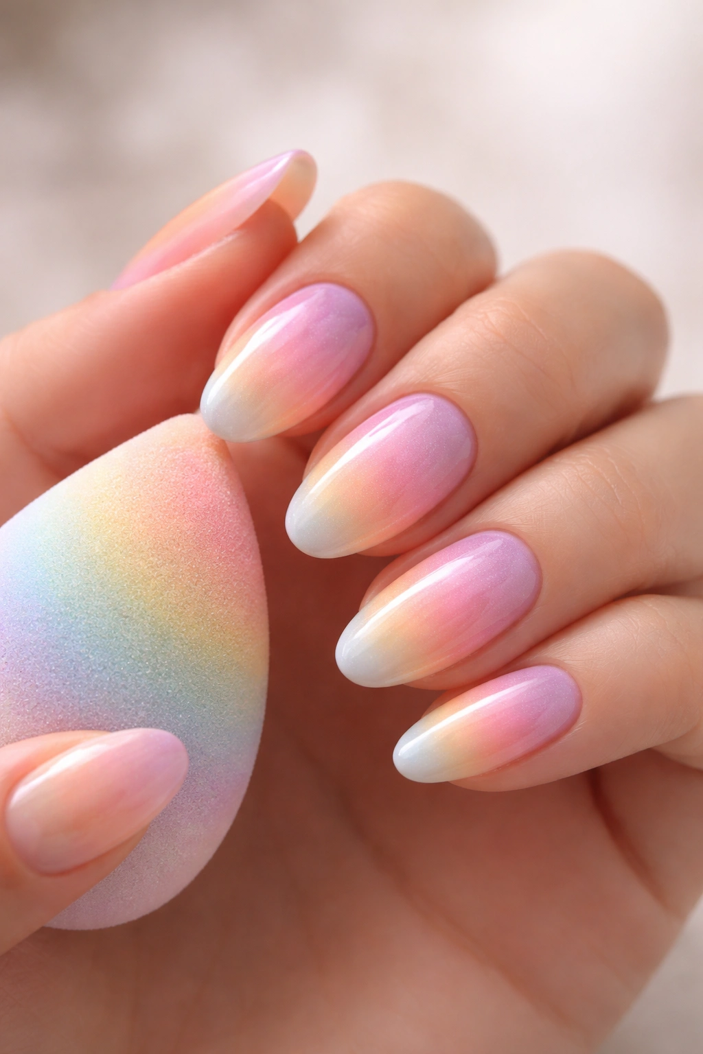 Soft gradient aura nails created with makeup sponge