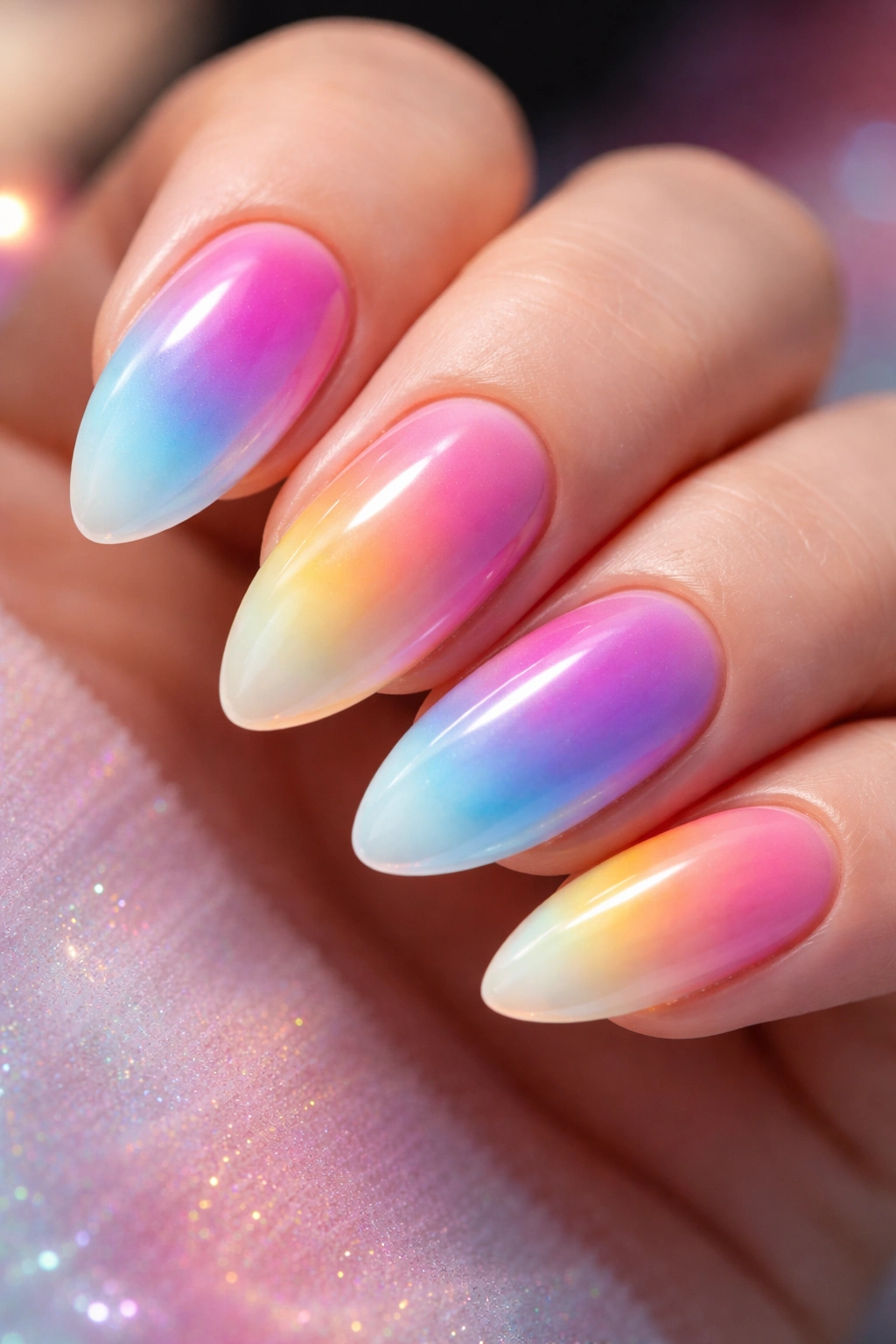 Close-up of aura nails with center radiating gradient