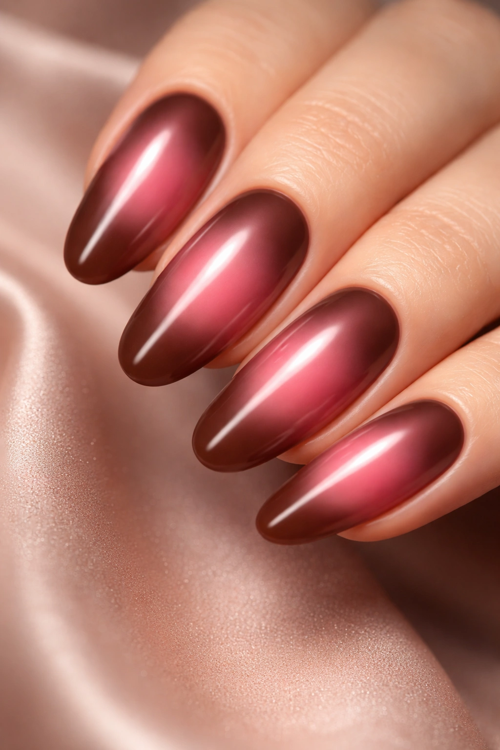 Close-up of chocolate brown to rosy pink gradient aura nails on hands