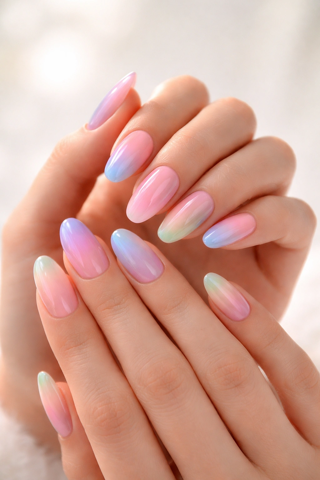 Close-up of hands with gradient aura nails and soft halo glow