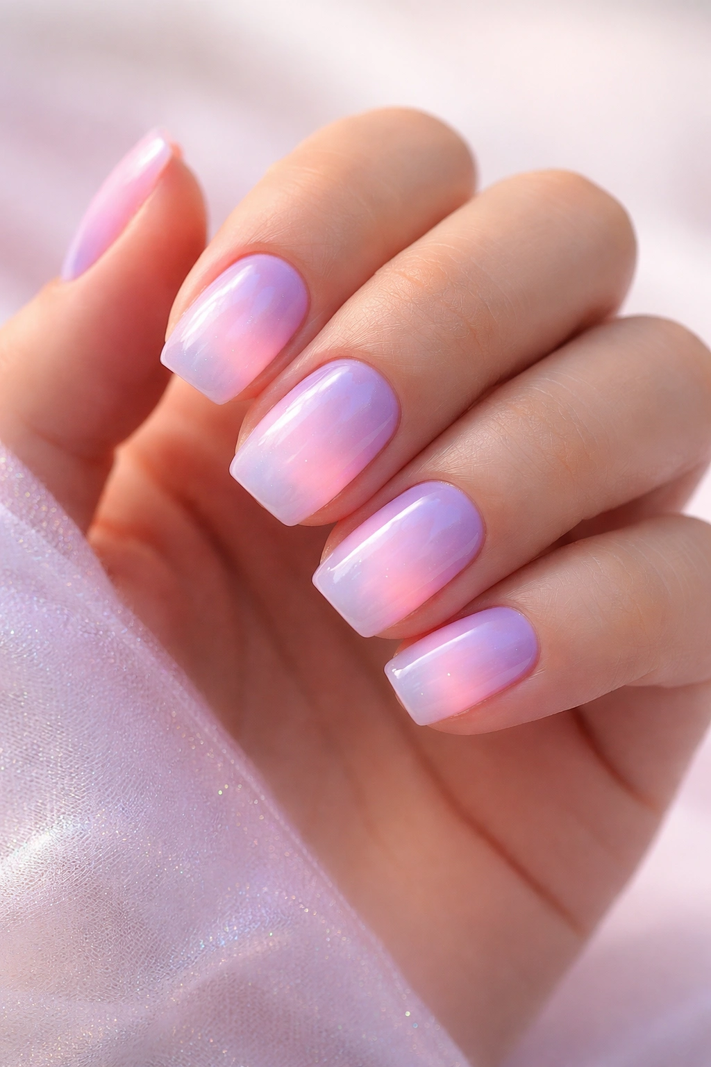 Short nails with pink-to-purple gradient and halo glow
