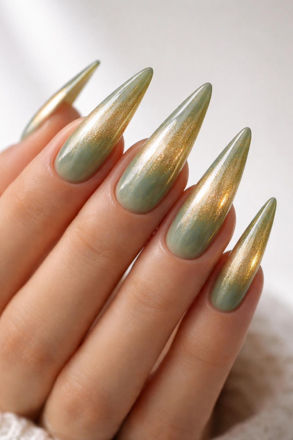 Close-up of nails with green-to-gold aura and multidimensional shimmer
