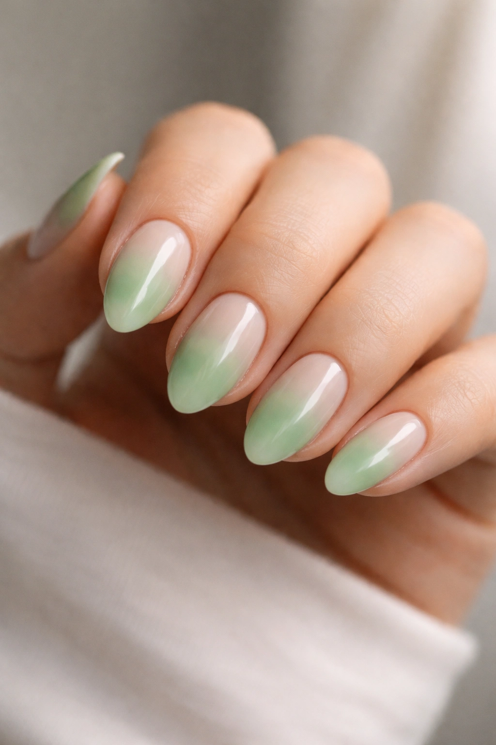 Close-up of short almond nails with a soft green aura gradient on a nude base
