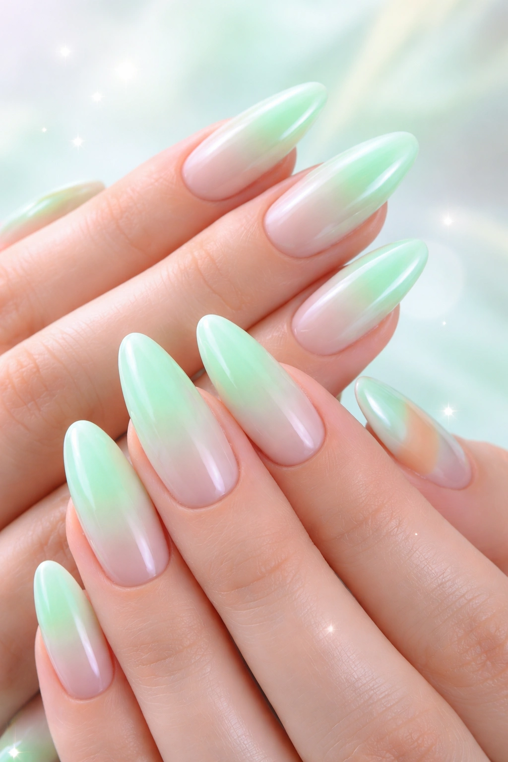 Close-up of mint green aura nails with pale base