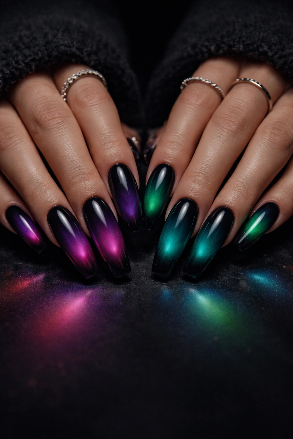 Coffin nails with moody aura gradient on two hands