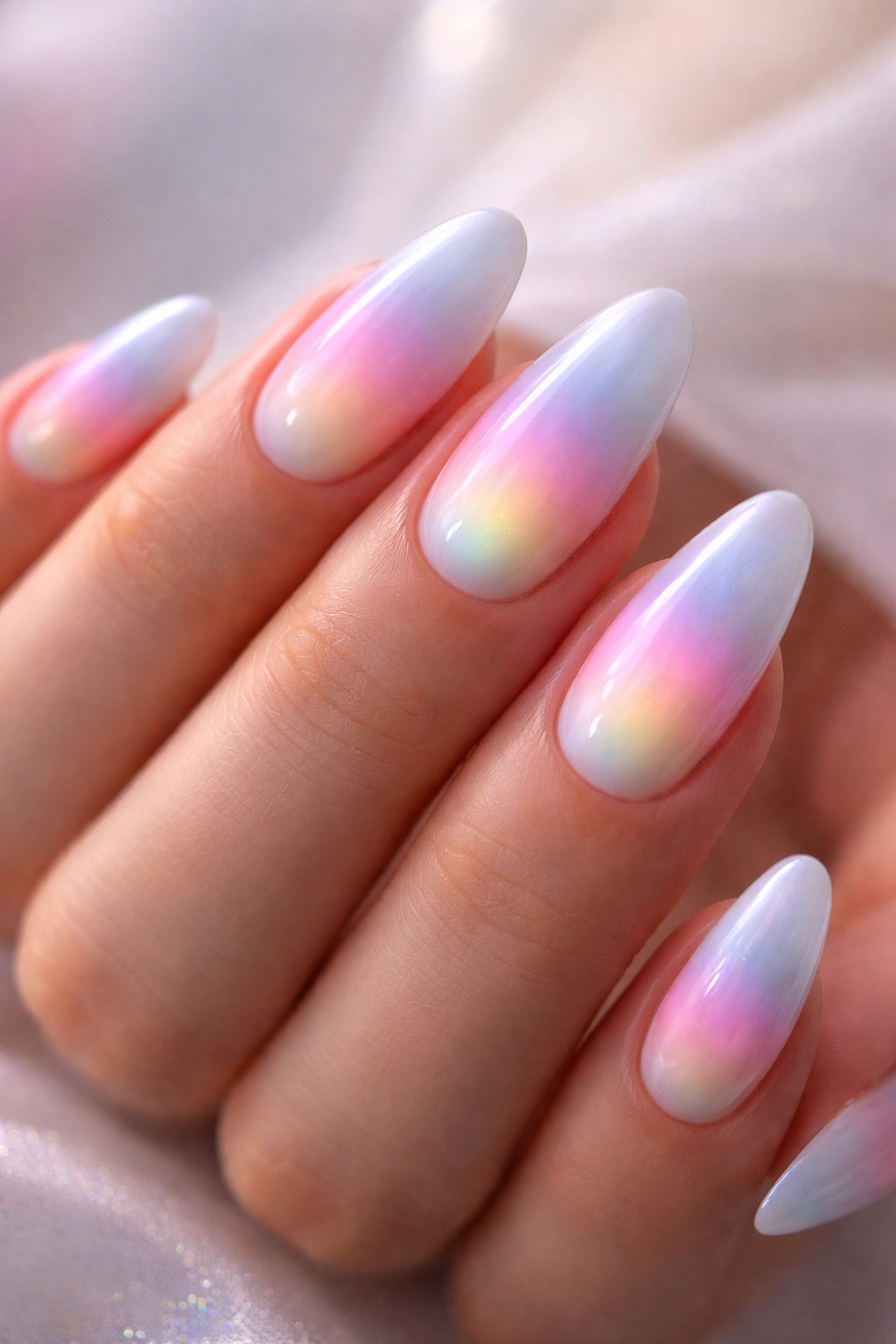 Pastel aura nails with center glow fading to edges.