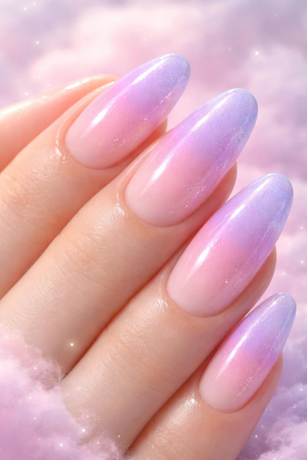 Pastel pink to lavender gradient aura nails with subtle shimmer